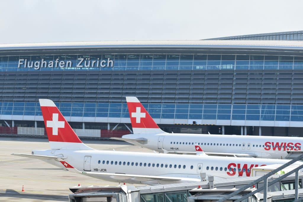 Two Swiss Airlines planes are ready to take off from Zurich Airport in Switzerland.