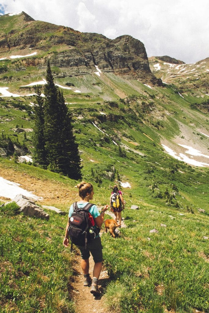 Two women and their dog are hiking in the mountains in summer. They are walking along a small path in the middle of the mountains.