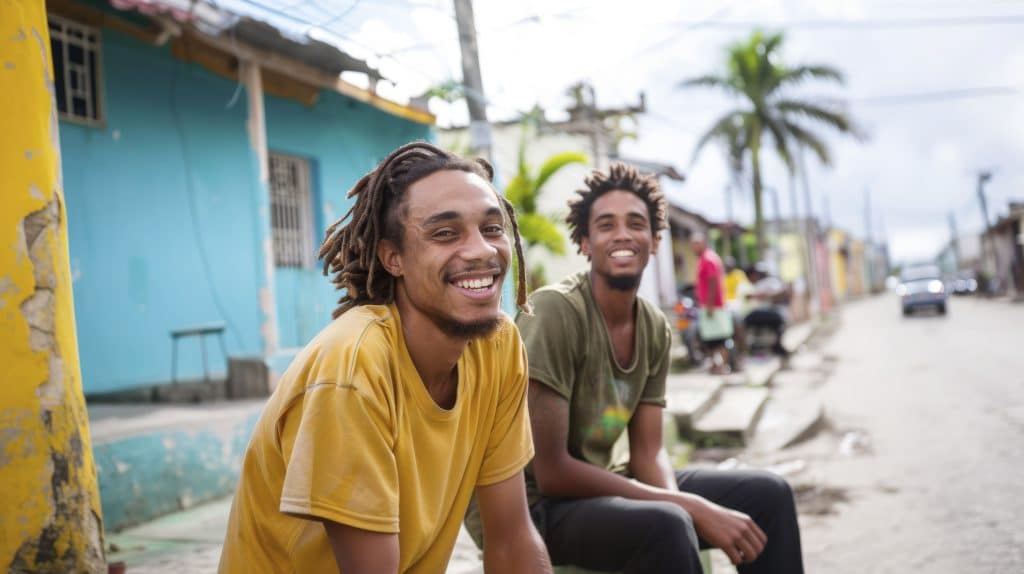 Two men with dreadlocks smile at the camera. They are sitting on the pavement of a modest street, in front of a small blue house and next to a yellow post.