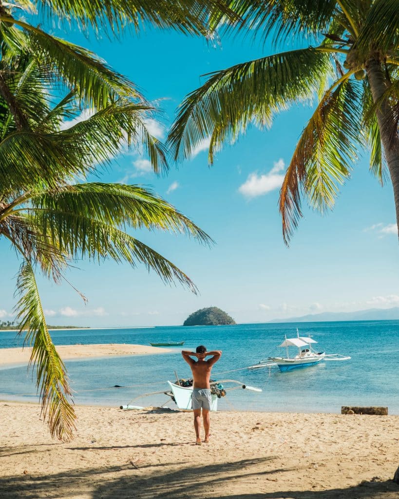 A bare-chested man in swimming trunks faces the sea and crosses his hands behind his head. He stands between palm trees and admires the beautiful view in front of him.