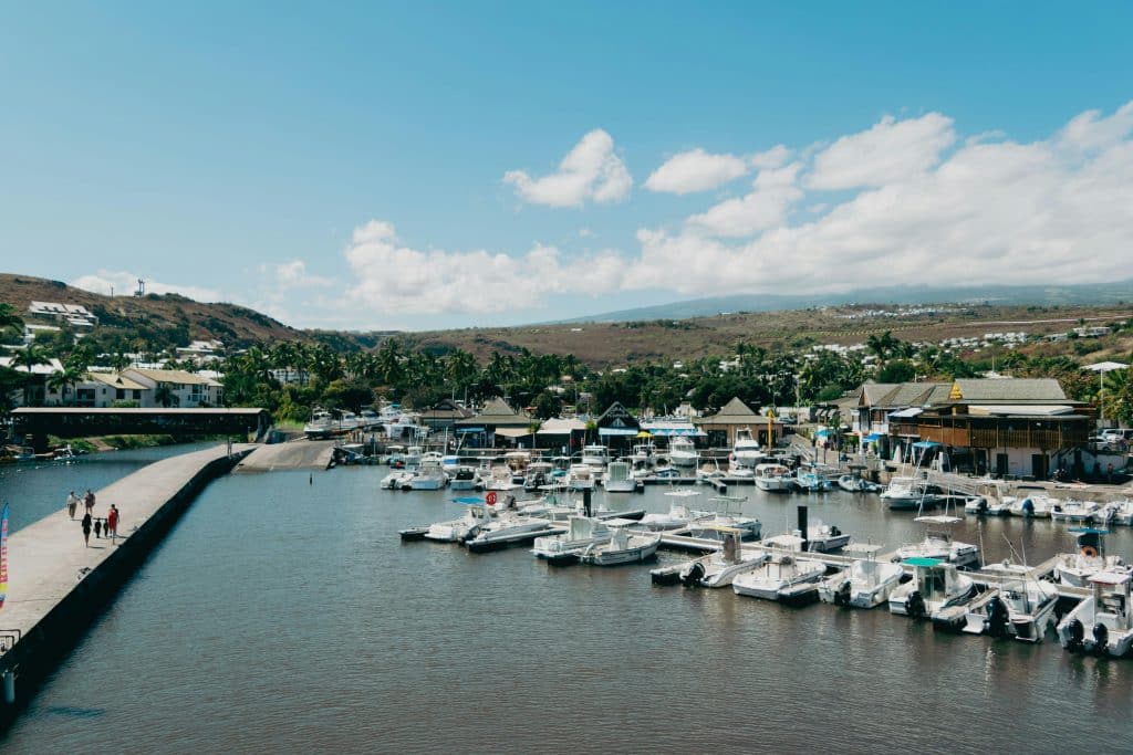 Coastal houses on the port of Nouvelle Aquitaine, on the island of Réunion. A few people are walking around the port. The horizon is fairly empty and dotted with palm trees.