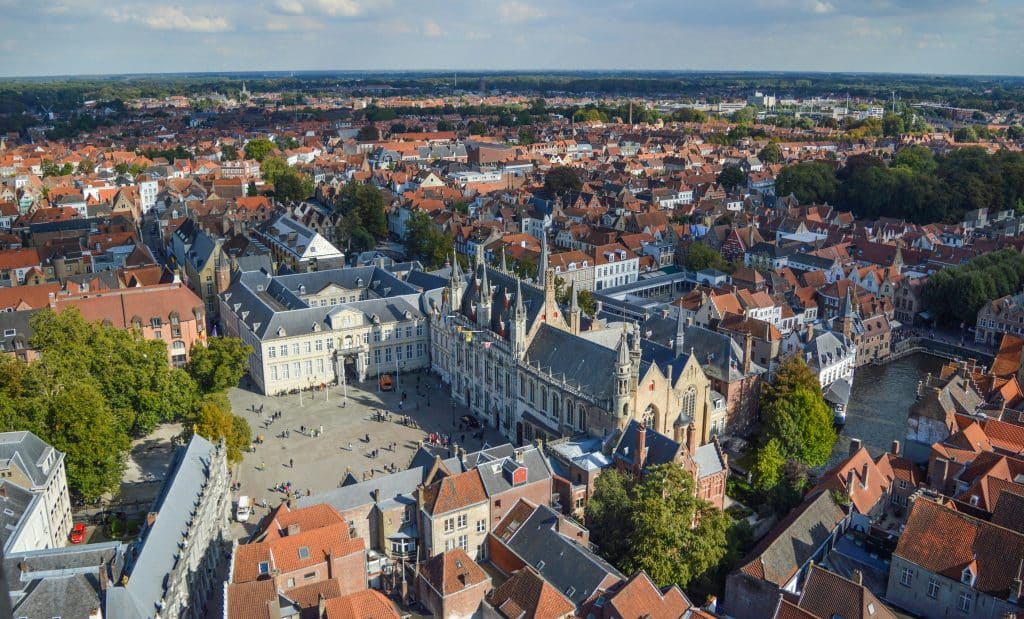 Aerial view of the city of Bruges in Belgium and its main square.