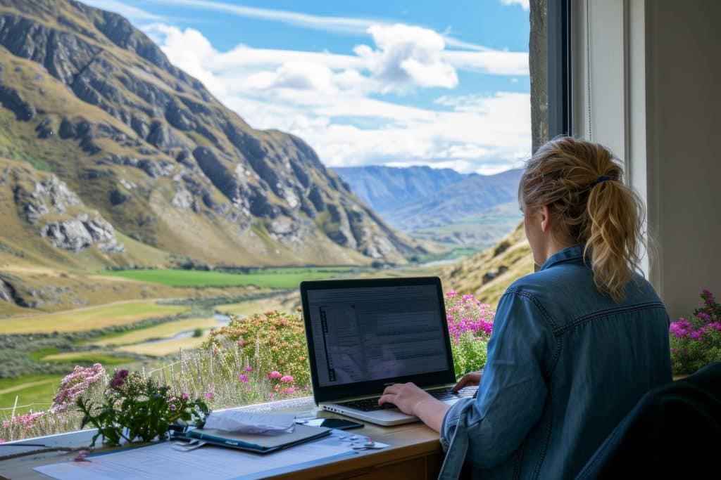 A young blonde woman is seen from behind working on her laptop in front of a window overlooking a beautiful flower-filled meadow and mountains in Switzerland.