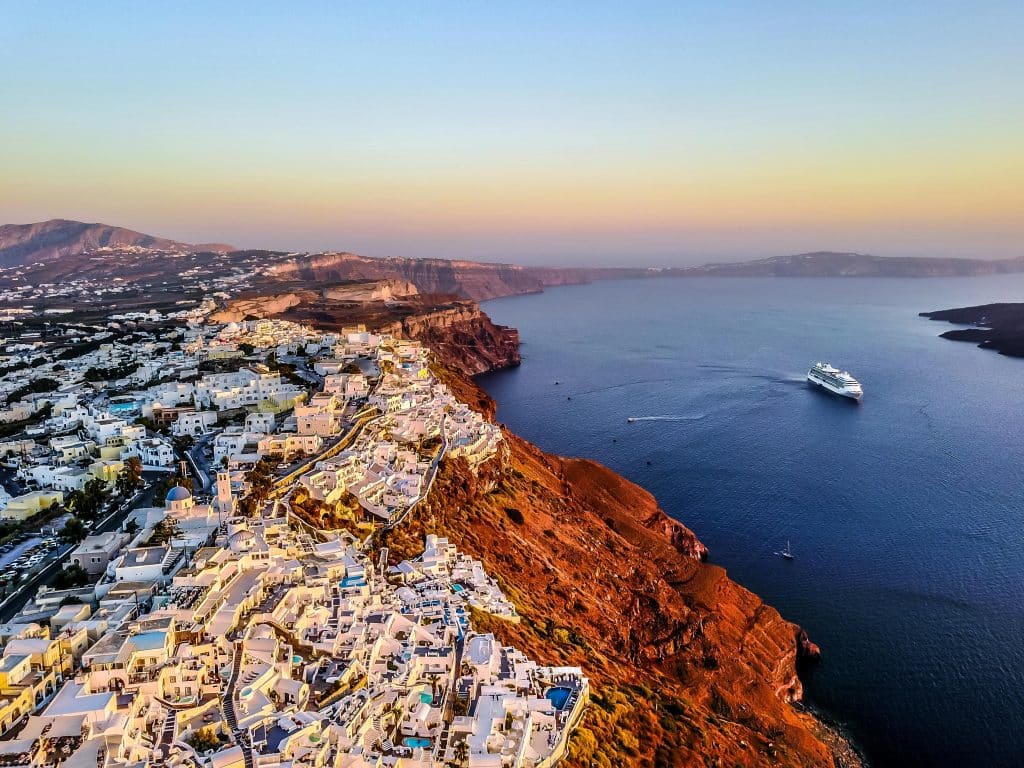 Aerial view of the coast of Santorini, Greece.