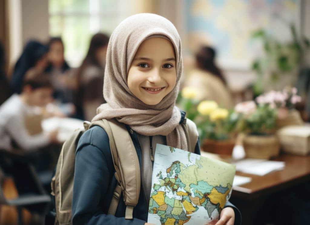 Portrait of a young Moroccan girl at school, holding a world map in her hands and smiling at the camera.