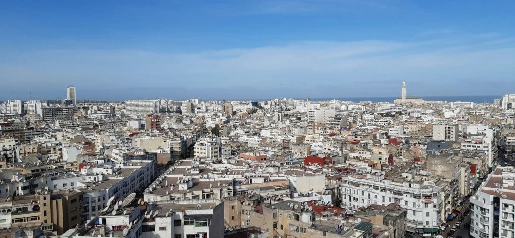 Aerial photograph of Casablanca, Morocco, on a sunny day.