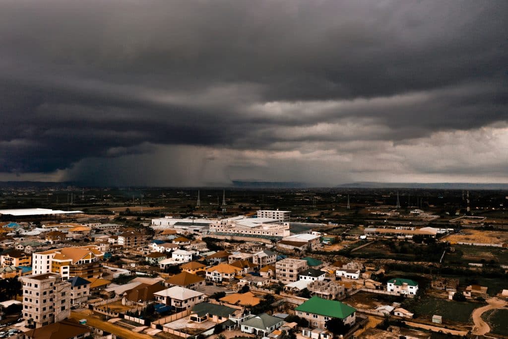 Aerial view of Accra, Ghana, on a day with poor weather.