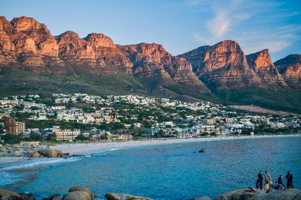 View of Cape Town beach in South Africa at sunrise.